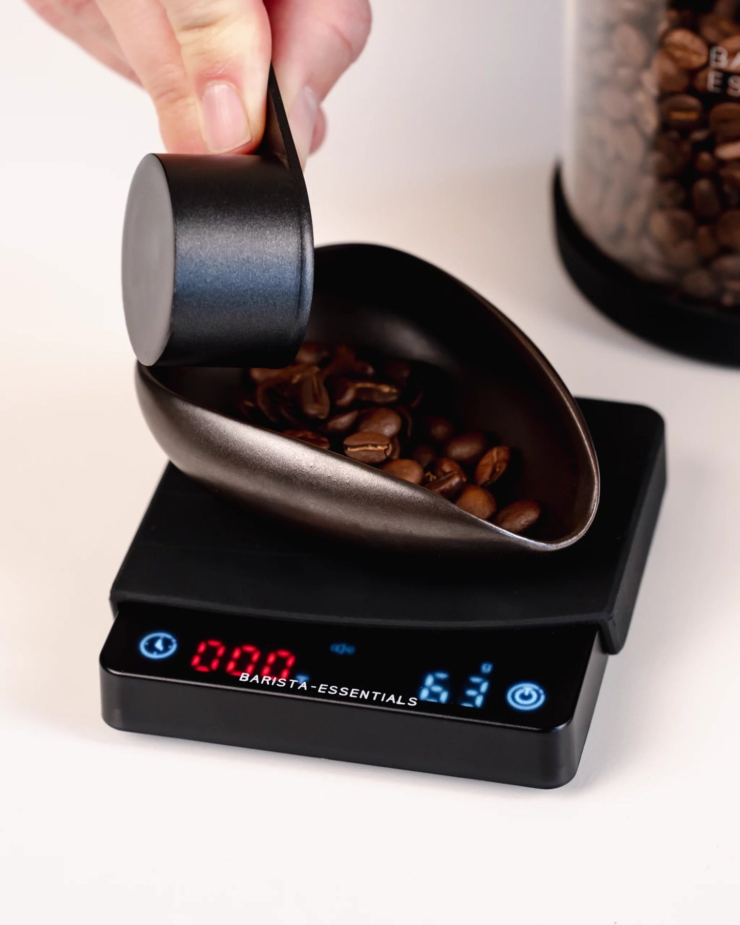 Kaffeewaage mit Timer Mini mit Kaffeedosierfach und Kaffeebehälter