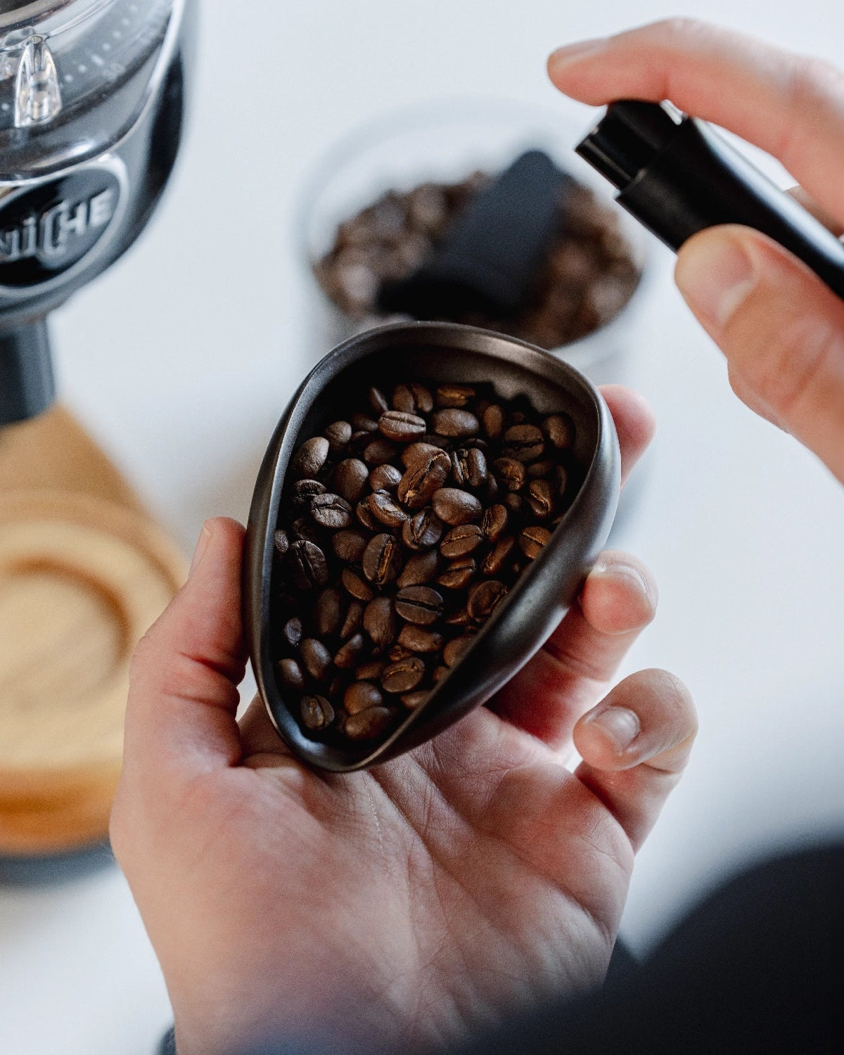Kaffeedosierfach von Barista-Essentials bei Verwendung von RDT-Spray mit Niche-Mühle im Hintergrund