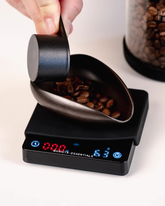 Kaffeewaage mit Timer Mini mit Kaffeedosierfach und Kaffeebehälter
