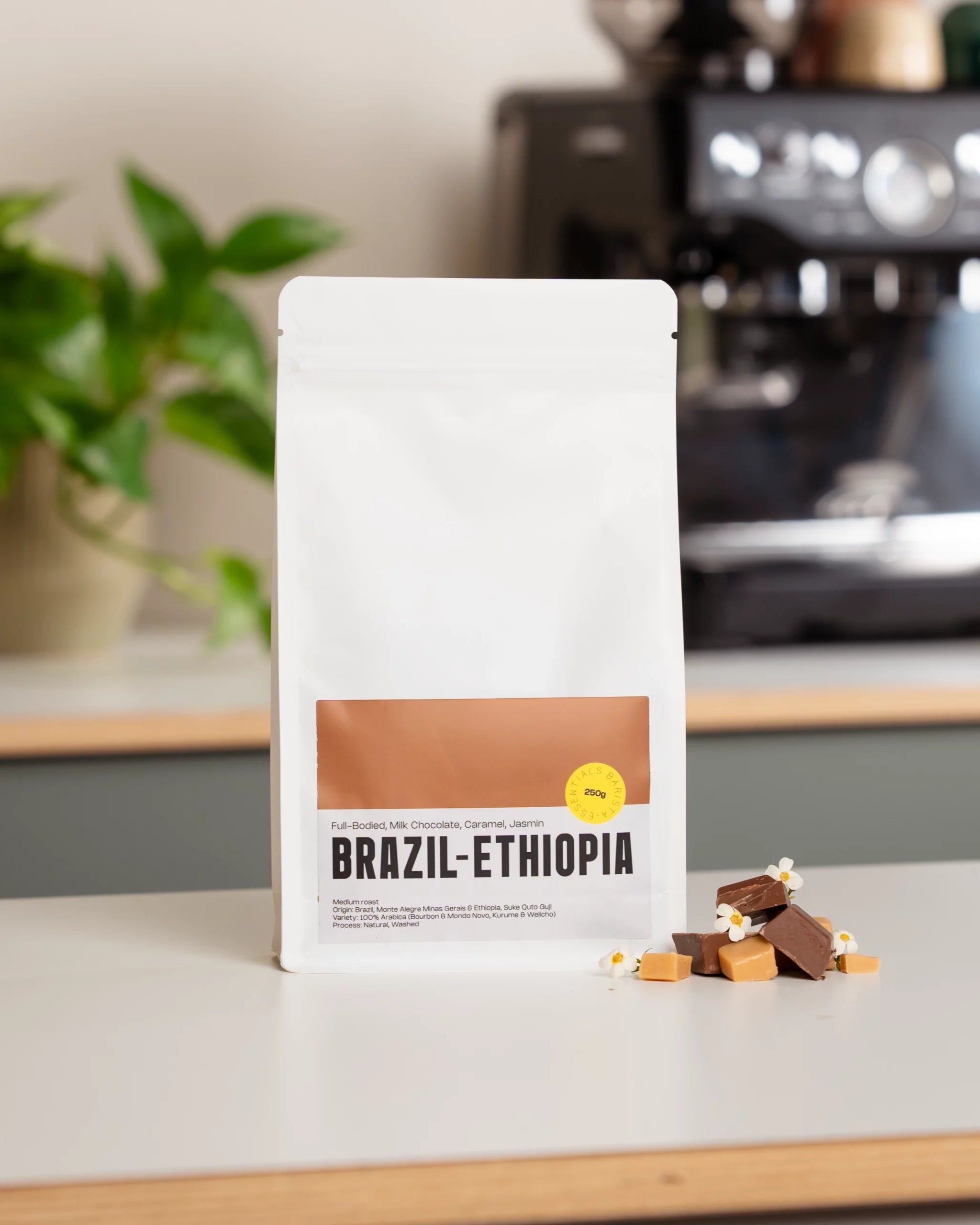 Brasilianische und äthiopische Kaffeebohnen mit Spezialitätenkaffee-Label